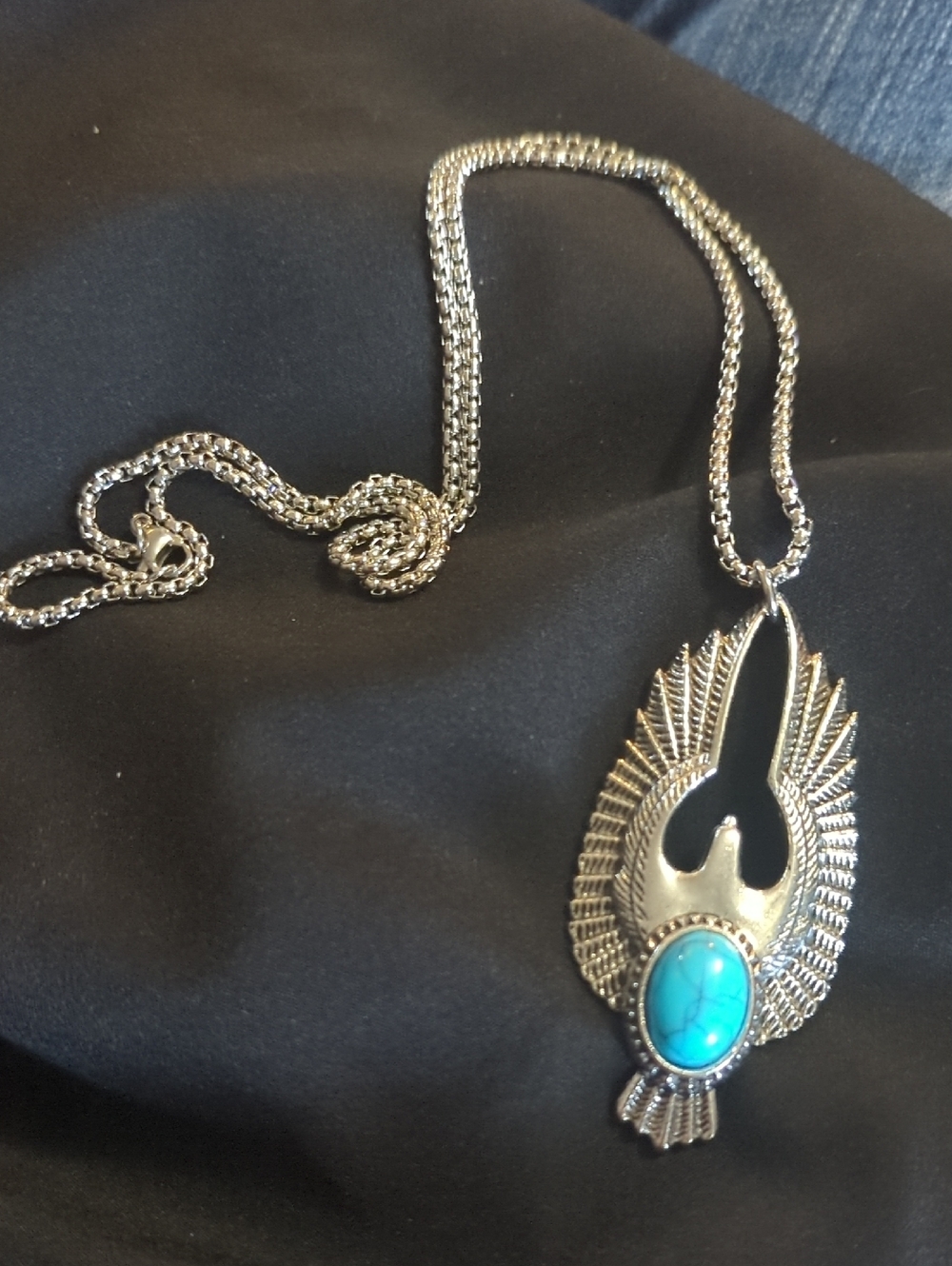 FauxSilver Winged Pendant Necklace with Faux Turquoise Stone - Jewelry